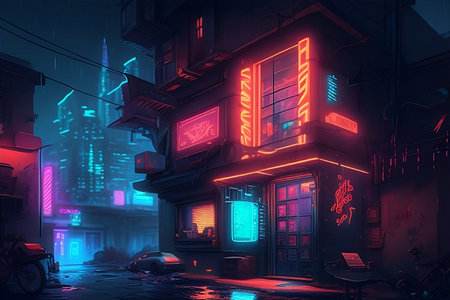 Illustration of a night city street with neon signs and buildings.の写真素材