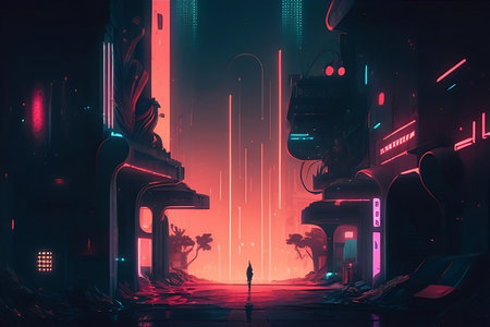 Futuristic dark corridor with neon lights, 3d render illustrationの写真素材