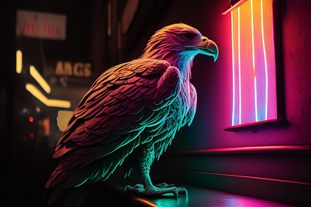 3D illustration of an eagle standing in front of a neon sign