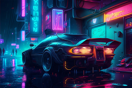 Futuristic car in neon light, 3d rendering. Computer digital drawing.の写真素材