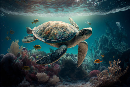 Green sea turtle swimming in the coral reef. 3D illustration.の写真素材