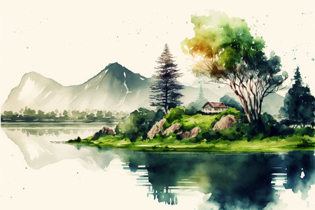 Landscape with mountains, lake and tree. Digital watercolor painting.の写真素材