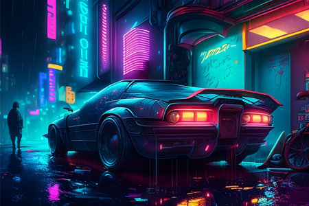Futuristic car with neon lights in the background. 3d renderingの写真素材