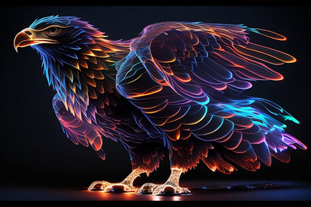 3d rendering of an eagle in neon light on a black backgroundの写真素材