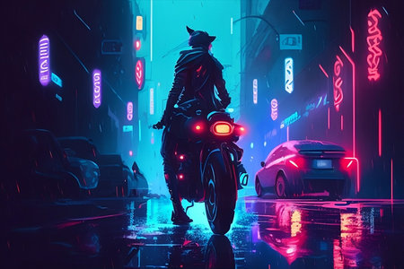 Cyberpunk girl riding a motorcycle in the night city. 3d renderingの写真素材