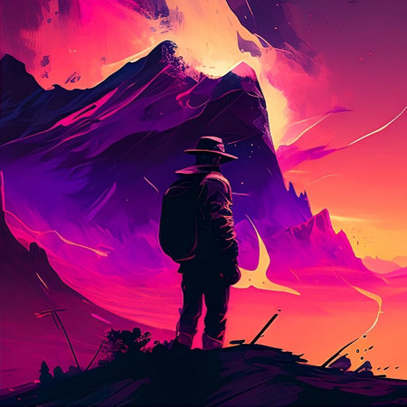 Man with a backpack on the background of mountains. Vector illustration.の素材