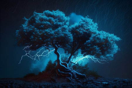 A lightning storm with a tree and a lightning bolt with generative aiの素材