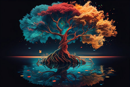 A lightning storm with a tree and a lightning bolt with generative aiの素材