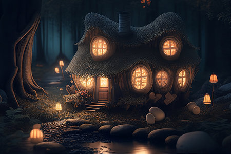 A mushroom house in a forest with pumpkins on the bottom with generative aiの素材