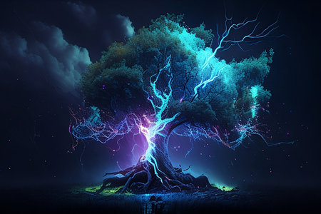 A lightning storm with a tree and a lightning bolt with generative aiの素材