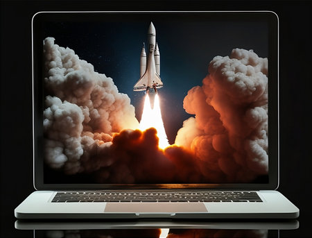 Rocket launch from laptop screen. A laptop screen with a rocket taking offの素材