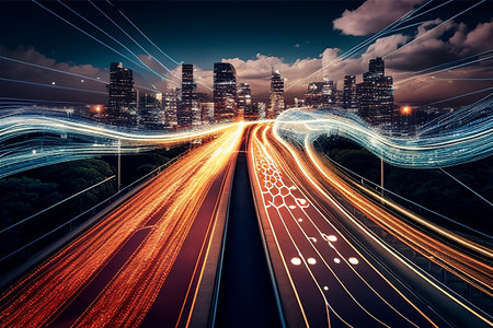 Highway in the city at night, light trails on the road. A cityscape with lights on and a cityscape in the backgroundの素材