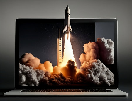 Rocket launch from laptop screen. A laptop screen with a rocket taking offの素材