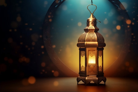 Lantern on dark background. Ramadan Kareem concept.  A lantern with the light shining on it, islamic backgroundの素材