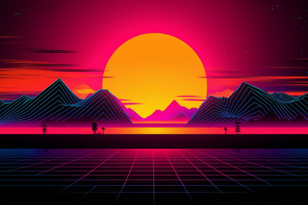 A digital illustration of a sunset with mountains in the backgroundの素材
