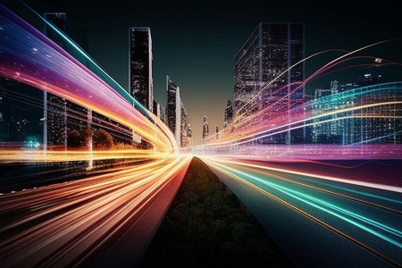 Highway in the city at night, light trails on the road. A cityscape with lights on and a cityscape in the backgroundの素材