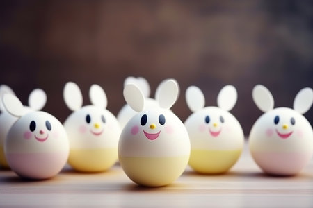 Easter eggs with bunny ears on wooden background. Happy Easter concept.の素材