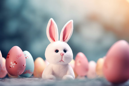 Easter bunny and colorful eggs on gray background, spring holiday conceptの素材