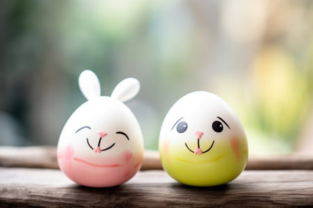 Easter eggs with cute bunny on wooden table, Happy Easter conceptの素材
