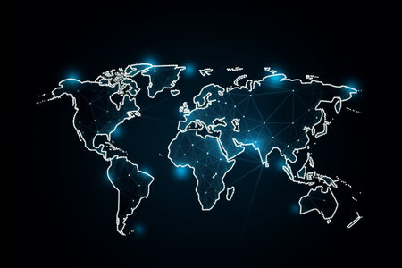 World map with global technology social connection network with lights and pointsの素材