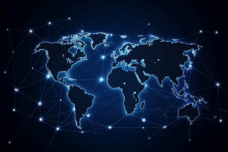 World map with global technology social connection network with lights and pointsの素材