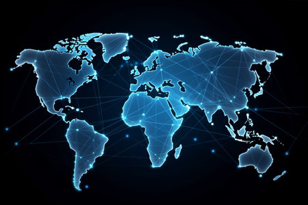 World map with global technology social connection network with lights and pointsの素材