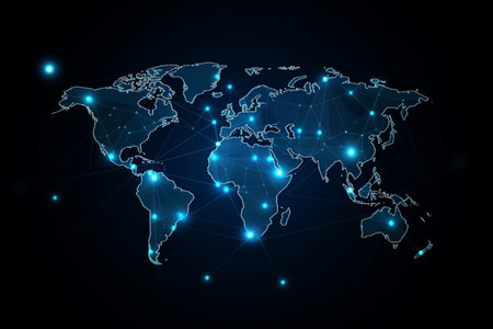 World map with global technology social connection network with lights and pointsの素材
