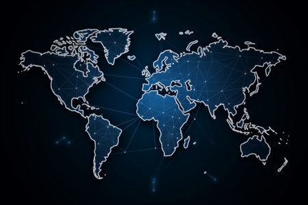 World map with global technology social connection network with lights and pointsの素材
