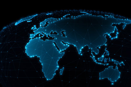 World map with global technology social connection network with lights and pointsの素材
