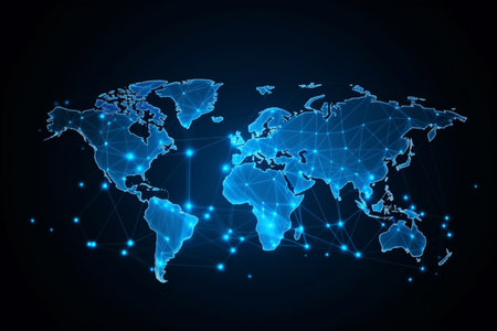 World map with global technology social connection network with lights and pointsの素材