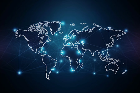 World map with global technology social connection network with lights and pointsの素材