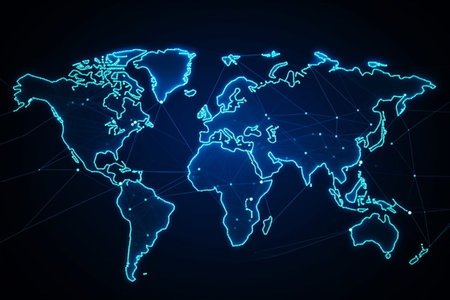 World map with global technology social connection network with lights and pointsの素材
