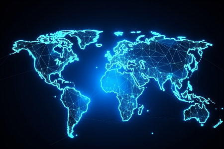World map with global technology social connection network with lights and pointsの素材