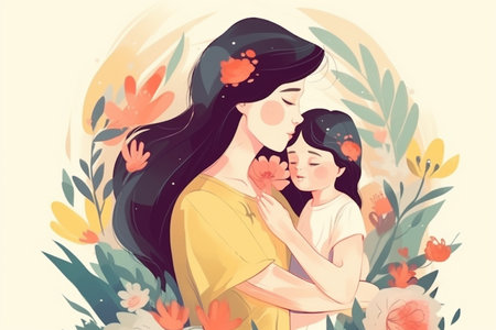 A mother and her baby are hugging each other. Mother's day background. Mother's day illustrationの素材