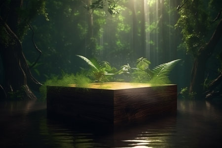 Display podium for product presentation in front of a nature landscapeの素材