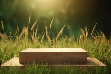 Display podium for product presentation in front of a nature landscapeの素材