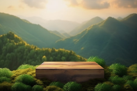 Display podium for product presentation in front of a nature landscapeの素材