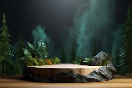 Display podium for product presentation in front of a nature landscapeの素材