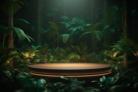 Display podium for product presentation in front of a nature landscapeの素材