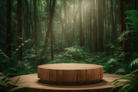 Display podium for product presentation in front of a nature landscapeの素材