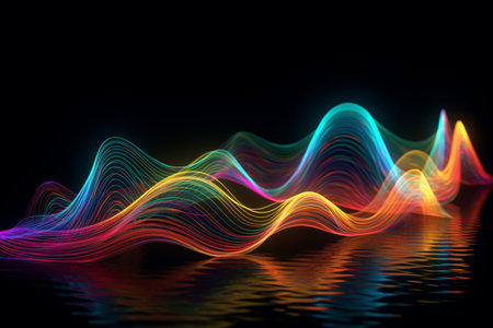 A colorful wave with neon lights with a black backgroundの素材