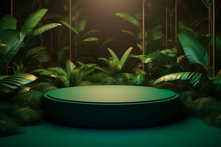 Display podium for product presentation in front of a nature landscapeの素材