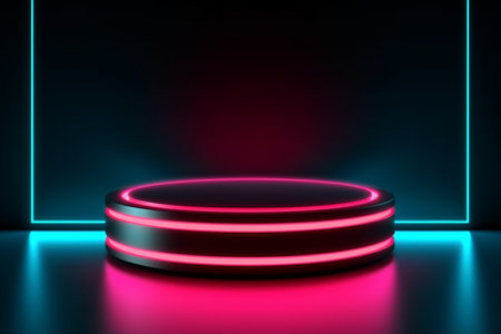 Neon lights on a podium in a dark roomの素材