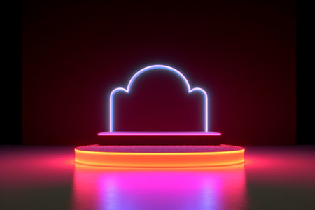 Neon lights on a podium in a dark roomの素材