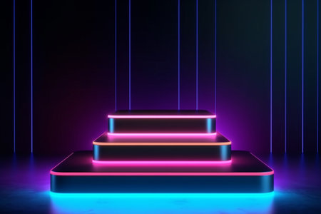 Neon lights on a podium in a dark roomの素材