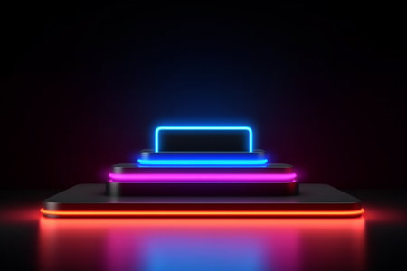 Neon lights on a podium in a dark roomの素材