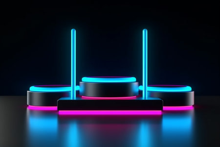 Neon lights on a podium in a dark roomの素材