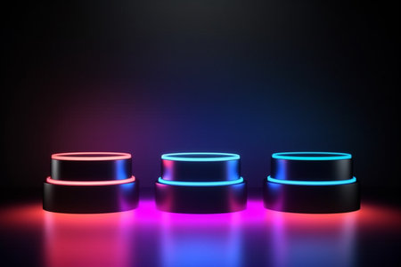 Neon lights on a podium in a dark roomの素材
