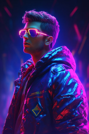 A neon man a neon jacket, cyberpunk man with generative aiの素材