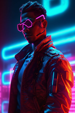 A neon man a neon jacket, cyberpunk man with generative aiの素材